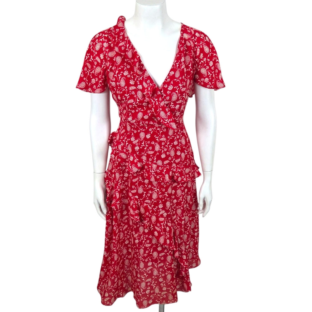 Gilli Midi Prairie Dress Milkmaid Country Womens Small Red Ruffle Tiered Floral